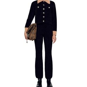 Sandro Black Tweed Flared Leg Mid Rise Velvet Textured Trousers Stretch Sz 2 NWT